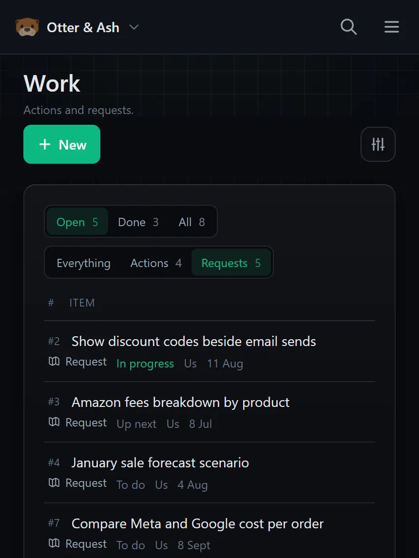 The Work board in the broch demo: changes the client asked for, with their status
