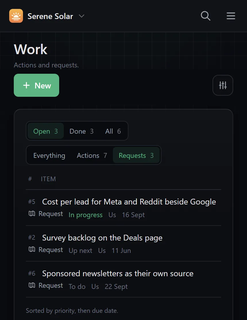 The Work board in the lead gen demo: changes the client asked for, with their status
